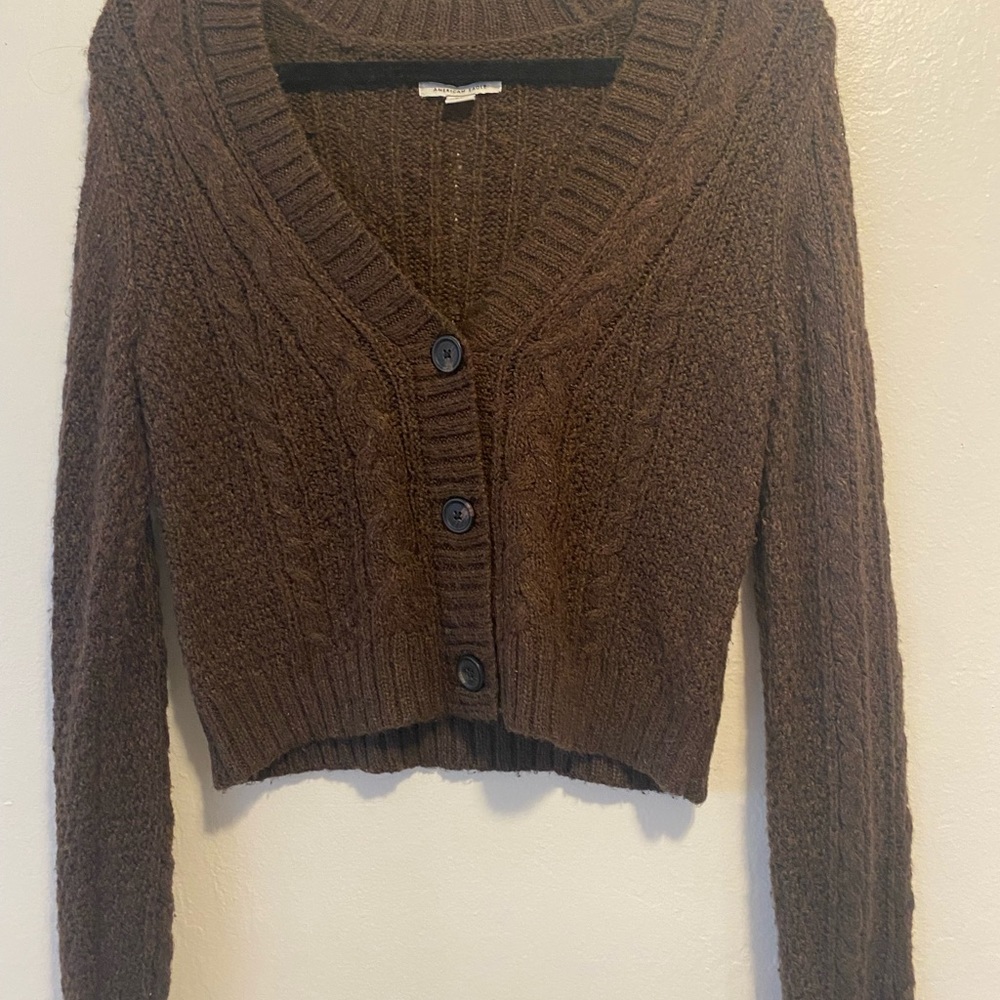 Semi-Cropped Brown Knit Cardigan
